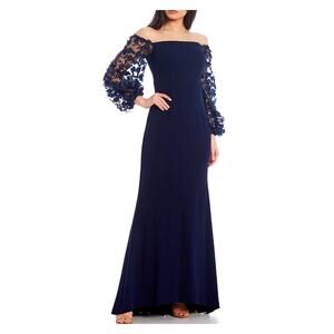 Eliza J Navy Blue Off The Shoulder 3D Fleur Appliqué Scuba Crepe Gown Sz.6 NWT